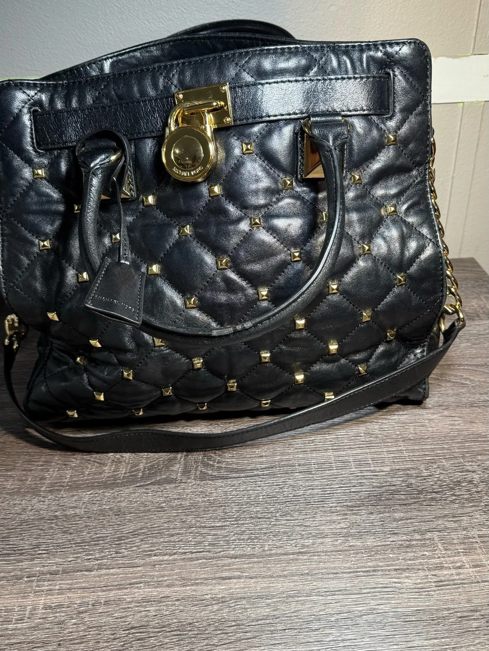 Michael Kors Black Quilted Studded Satchel with Gold Hardware